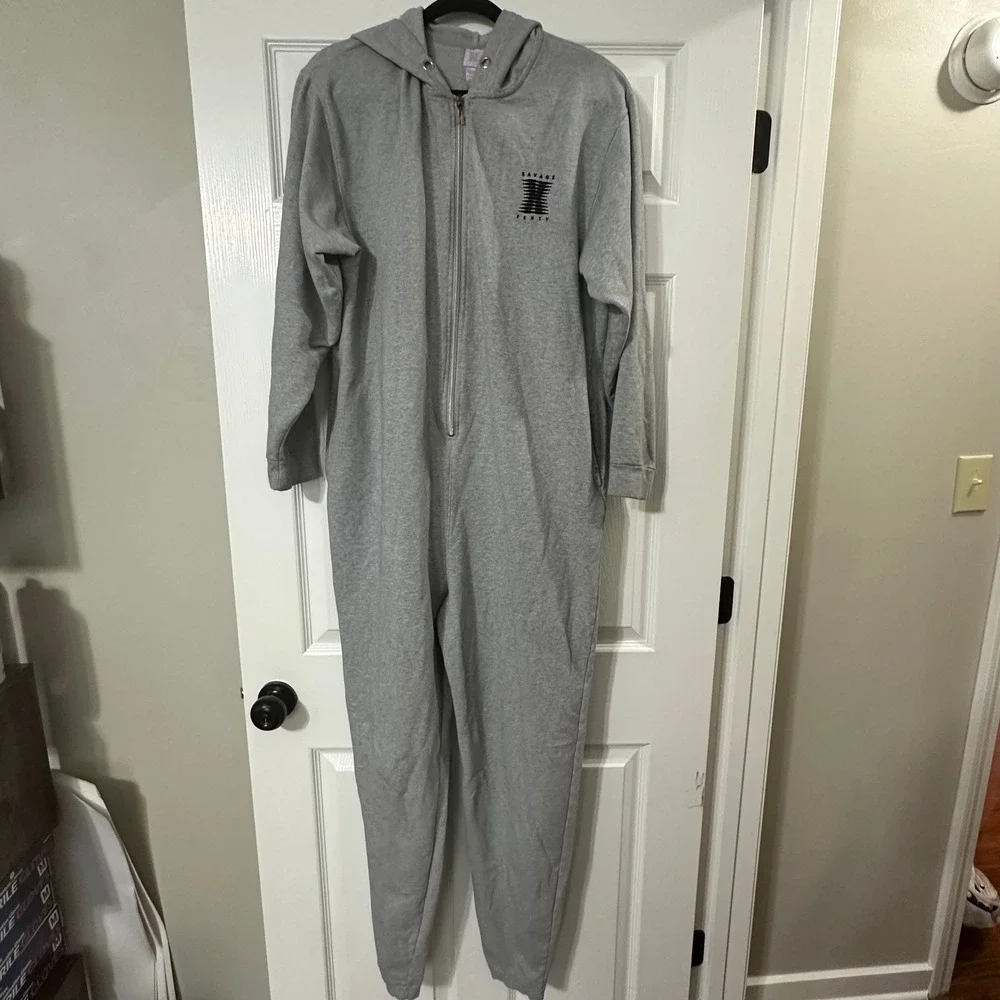 Savage X Fenty Hooded Onesie Heather Grey Full Zip Jumpsuit Large L Loungewear
